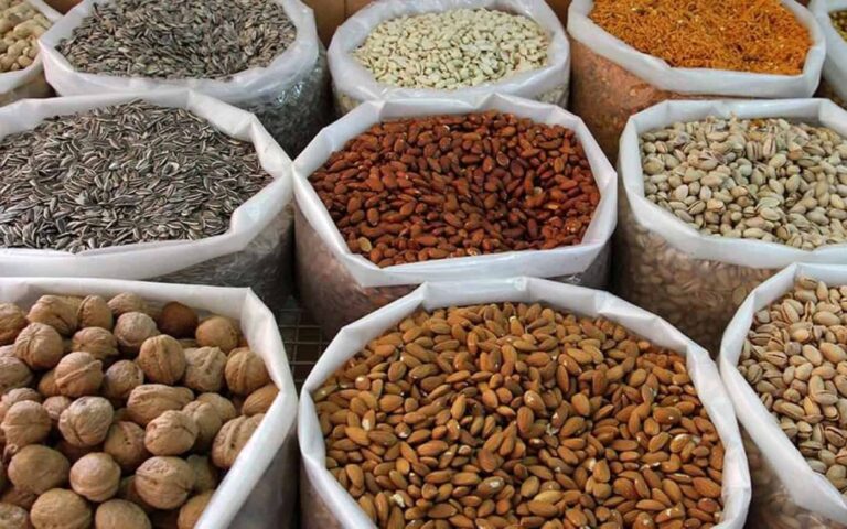 Open sacks of assorted nuts and seeds