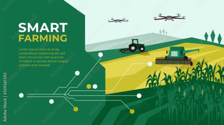 Smart farming illustration with drones and tractor harvesting
