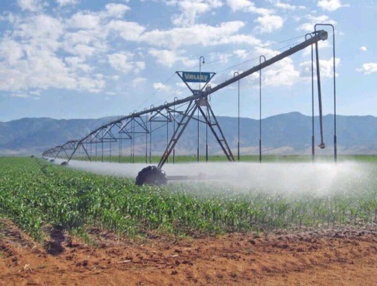 Centre pivot irrigation watering crops in rural field
