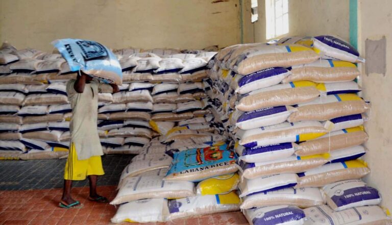 Worker carrying rice sack in storage warehouse
