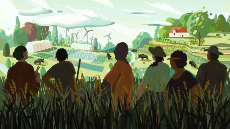 Farmers overlooking sustainable farm with wind turbines and crops