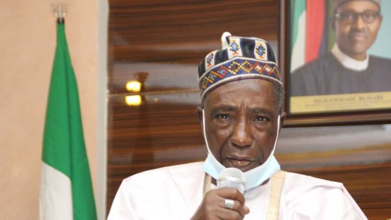 Man speaking into microphone with Nigerian flag behind