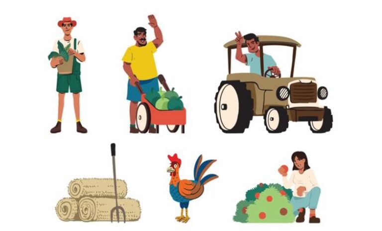 Cartoon farmers, tractor, hay bales and livestock scene