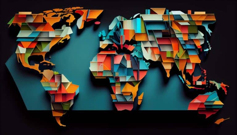 Colourful layered paper world map illustration