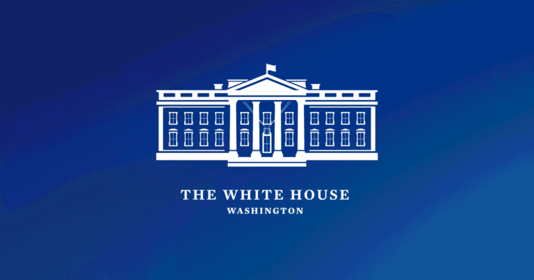 Illustration of the White House, Washington on blue background