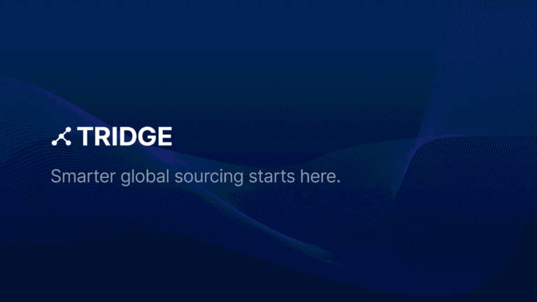 Tridge logo with global sourcing tagline on blue background