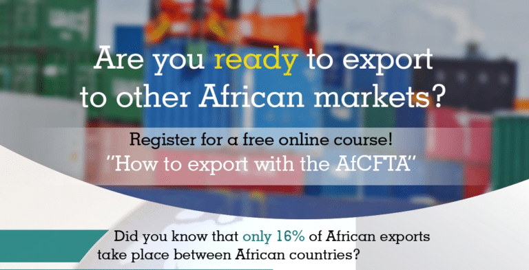 Banner promoting AfCFTA export course with containers background