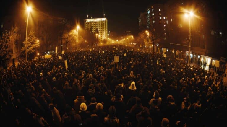 Large nighttime protest filling city street under lights