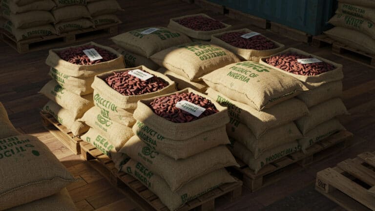 Sacks of Nigerian cocoa beans on pallets
