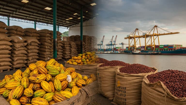 Cocoa beans and pods at busy shipping port