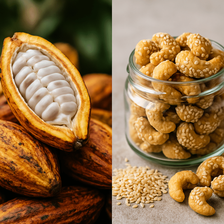 Cacao pod and sesame-coated cashew nuts in jar