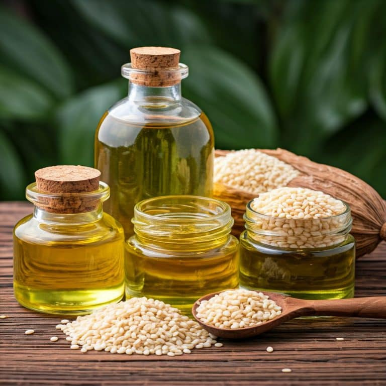 Bottles of sesame oil with sesame seeds