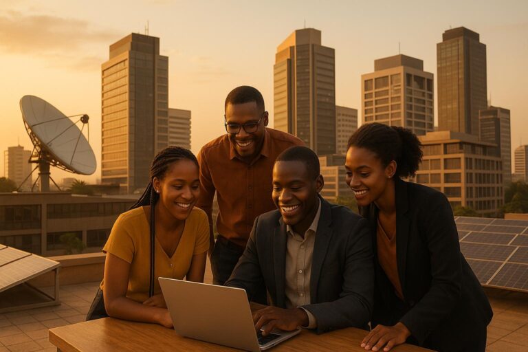 Four colleagues using laptop on rooftop at sunset
