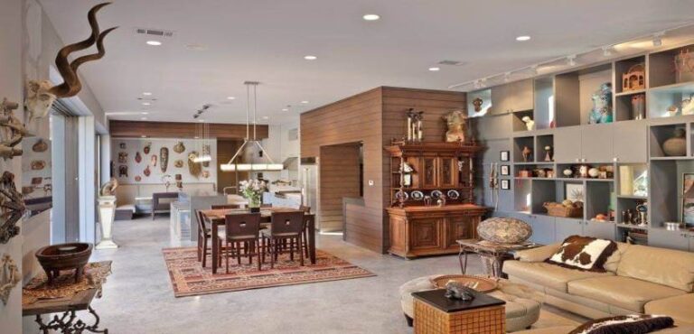 Spacious open-plan living room with wooden decor