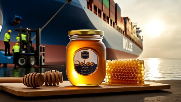 Jar of honey with cargo ship at sunset
