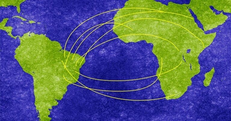 Map showing transatlantic routes between Africa and South America