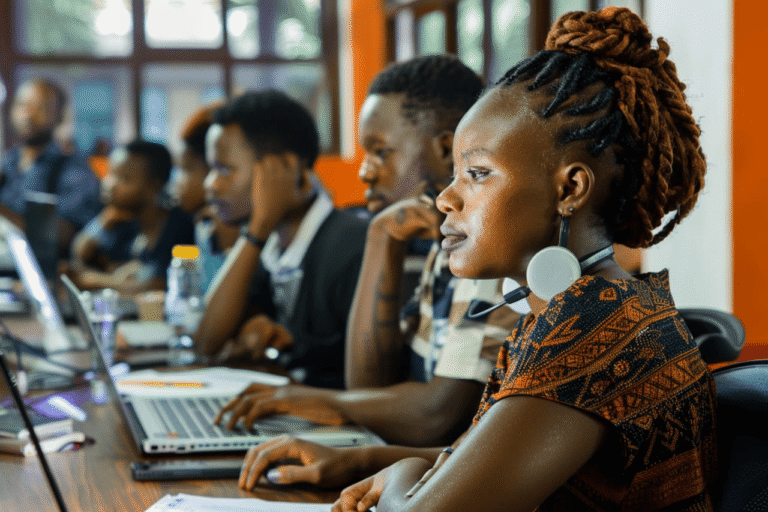 Students focused on laptops in classroom workshop