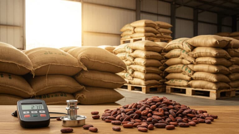 Cocoa beans and sacks in warehouse with meter