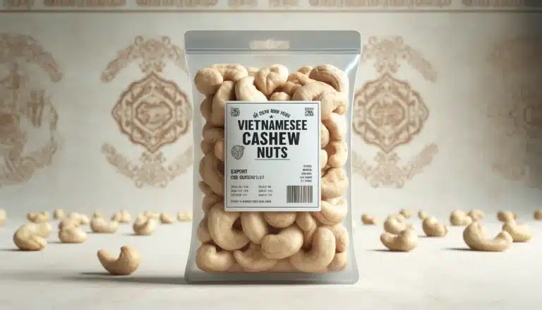 Pack of Vietnamese cashew nuts on table