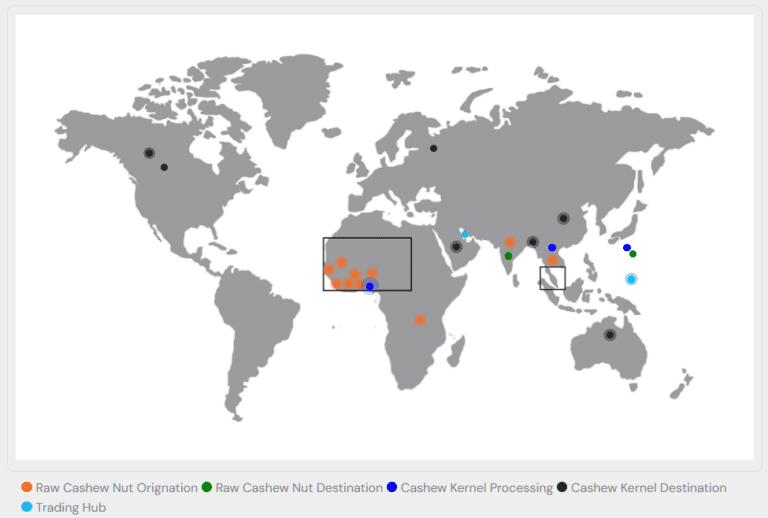 World map showing global cashew trade locations