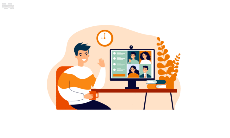 Man waving during online video meeting at desk