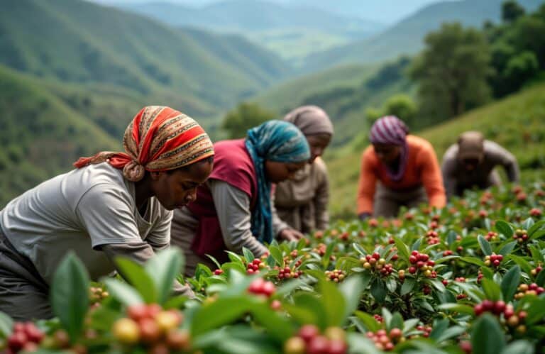 Women harvesting coffee cherries on hillside plantation