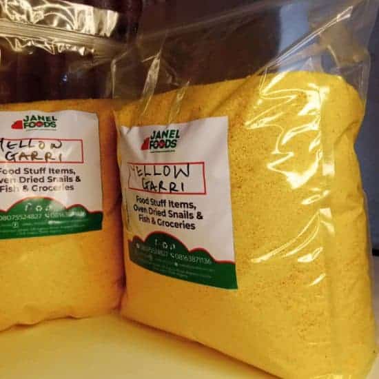 Bags of yellow garri in clear packaging