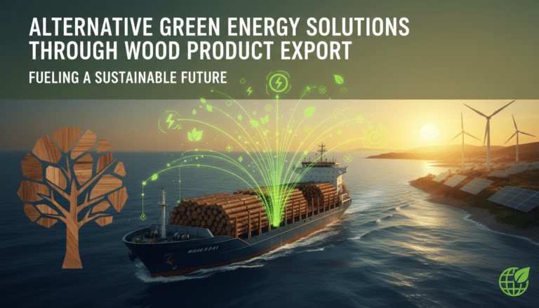 Cargo ship transporting logs with green energy graphics