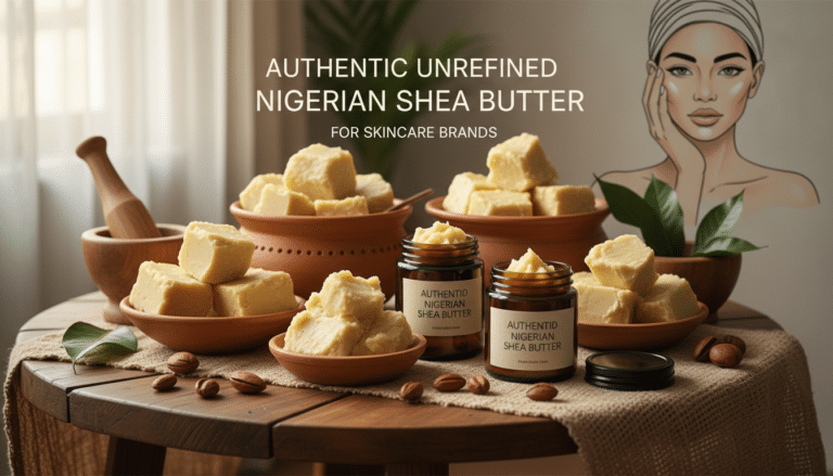 Authentic unrefined Nigerian shea butter in bowls and jars