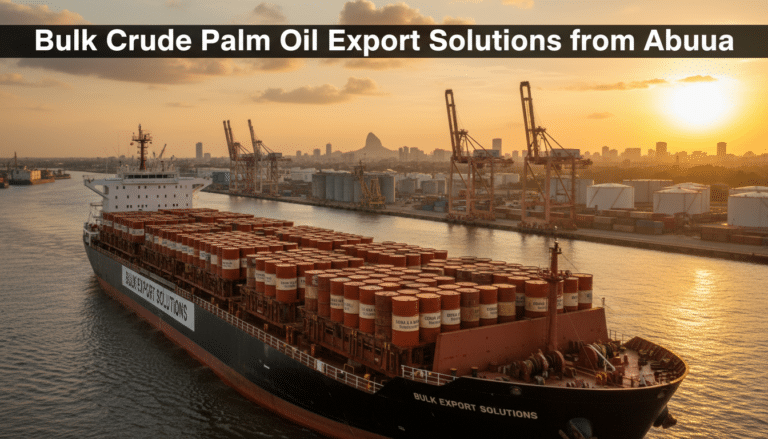 Cargo ship carrying palm oil barrels at sunset port