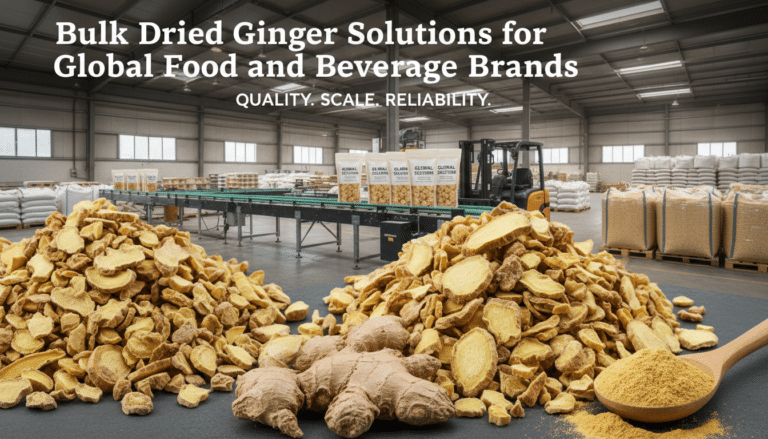 Bulk dried ginger in warehouse processing facility