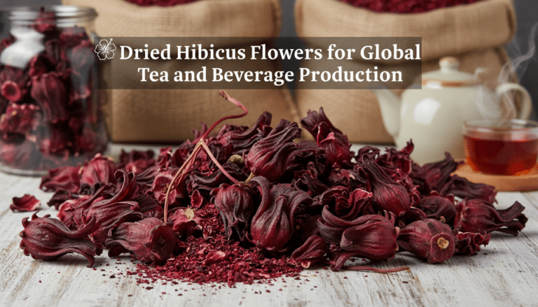 Pile of dried hibiscus flowers for tea production