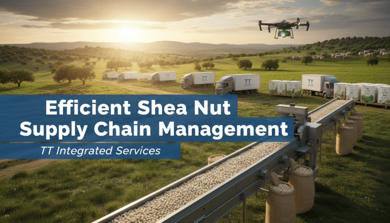 Shea nut supply chain with trucks, conveyor and drone