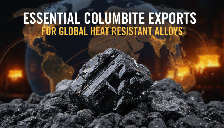 Columbite mineral with world map and industrial background