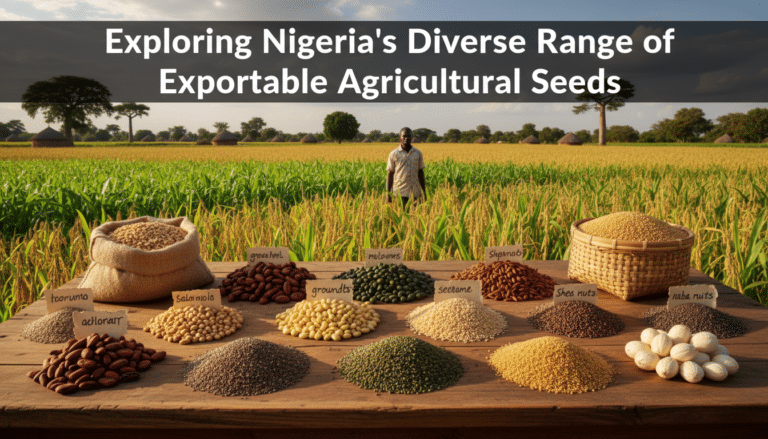 Assorted Nigerian agricultural seeds displayed before farmer in field