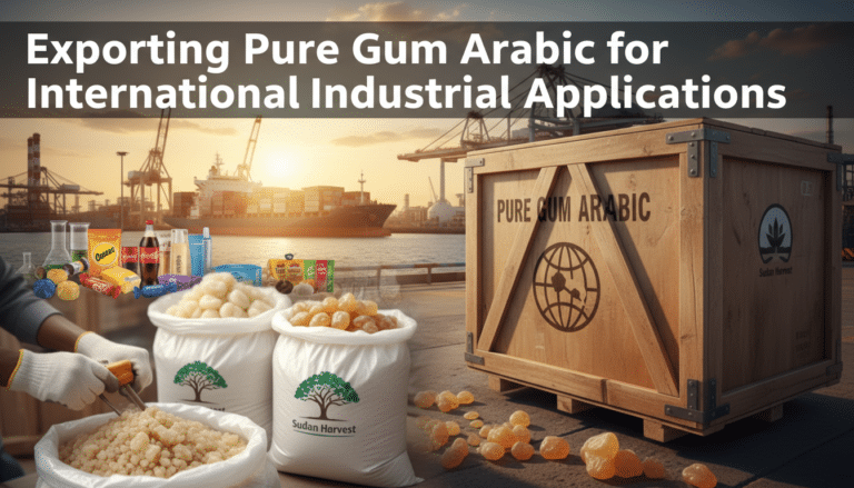 Gum arabic sacks and crate at shipping port