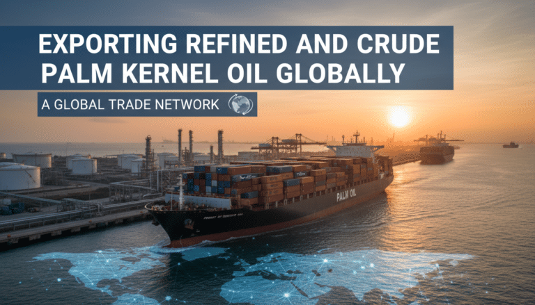 Container ship exporting palm kernel oil at sunset port