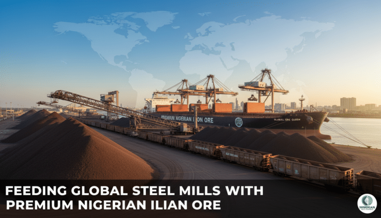 Cargo ship loading Nigerian iron ore at port
