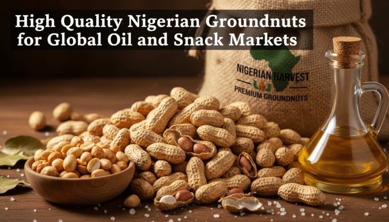 Nigerian groundnuts, peanut oil and harvest sack display