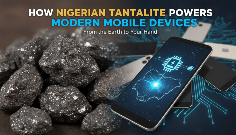 Tantalite rocks beside modern smartphones and circuitry graphic