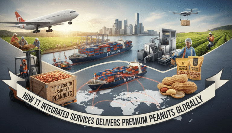 Global peanut supply chain with ships, plane and drones