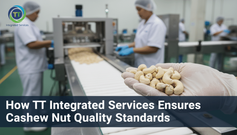 Gloved hand holding cashews in processing factory