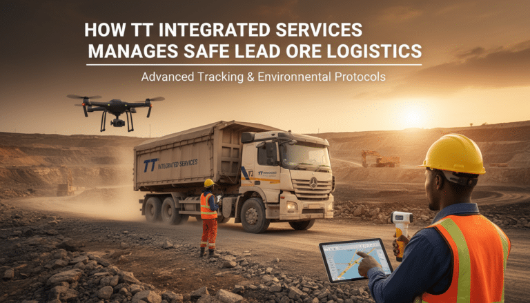 Mining truck monitored by drone and worker tablet