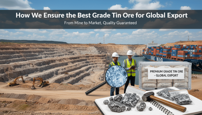 Engineers inspecting tin ore at open-pit mine port