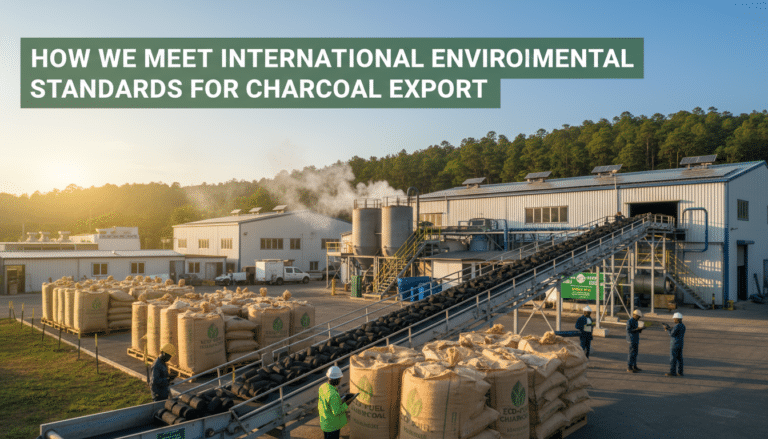 Charcoal export factory with conveyor and workers