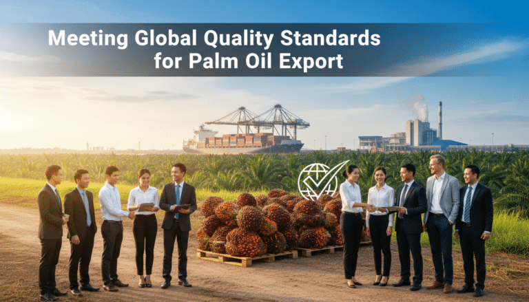 Business team inspecting palm oil with cargo port backdrop