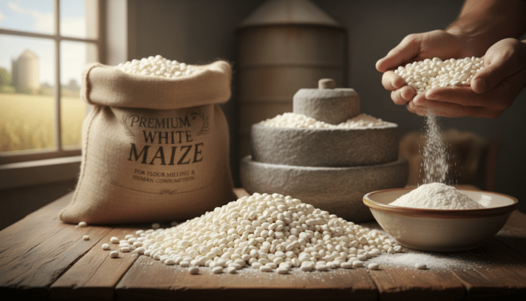 White maize kernels and flour milling scene