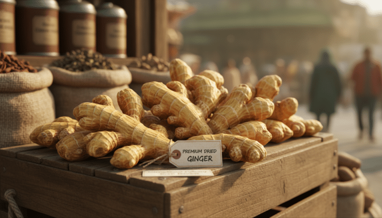 Pile of premium dried ginger at market stall
