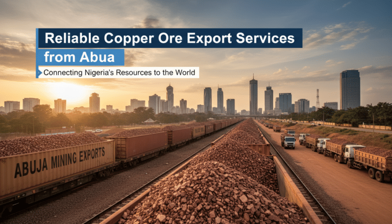 Copper ore trains and trucks, Abuja skyline sunset