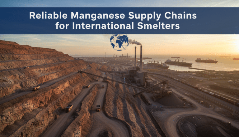 Open-pit manganese mine and coastal smelter at sunset